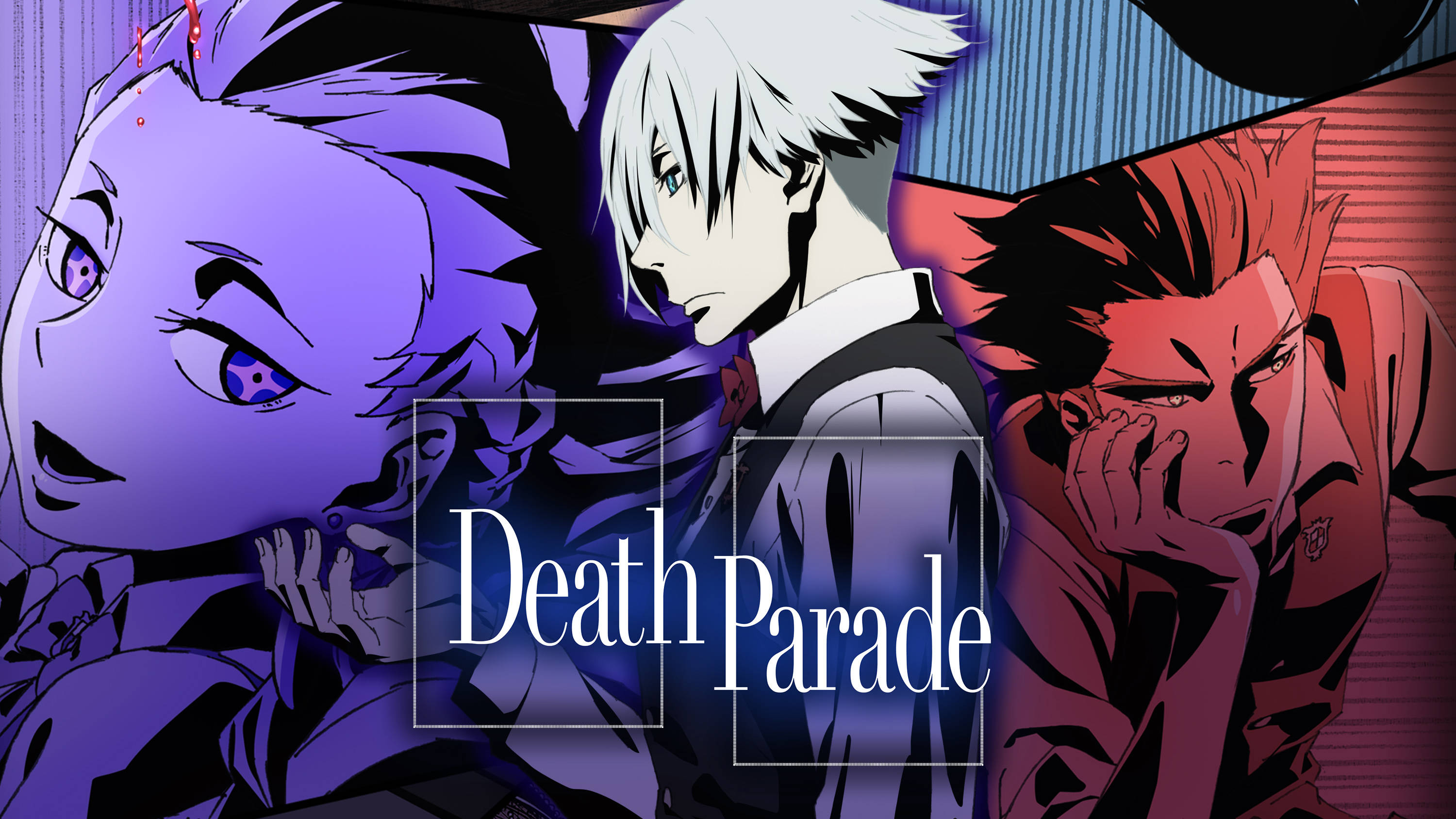 Parade 桌布 壁紙 — 三個動漫角色以戲劇性的姿勢，在紫色、紅色和藍色燈光下，以條紋背景襯托。