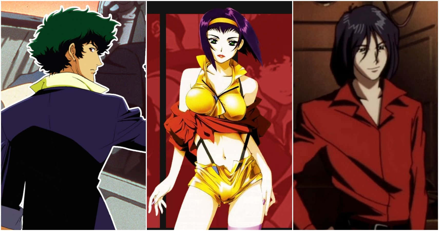 Cowboy Bebop Gren 桌布 壁紙 — 三個動漫角色以戲劇性的姿勢，搭配大膽的色彩和銳利的線條，在風格化的背景前展現。
