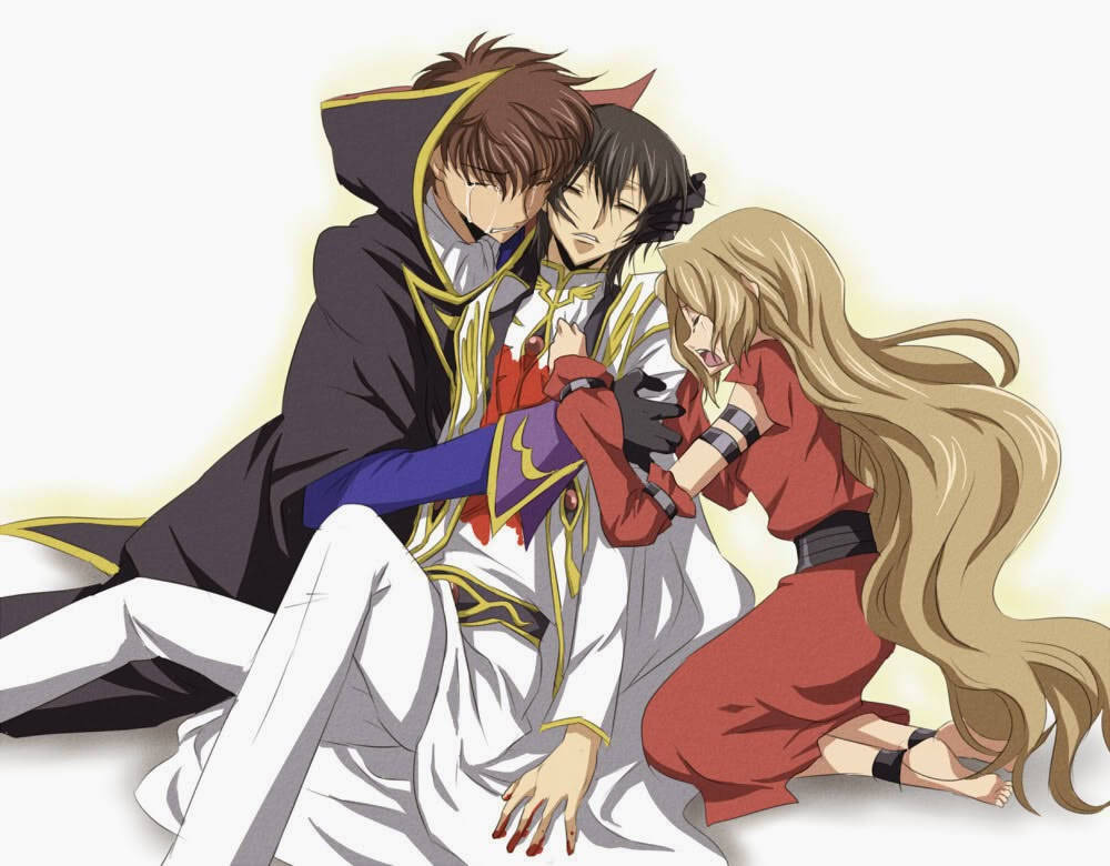 lelouch lamperouge 桌布 壁紙 — 三個動漫角色以戲劇性的姿勢，穿著沾滿血跡的衣服，站在純白色背景前。