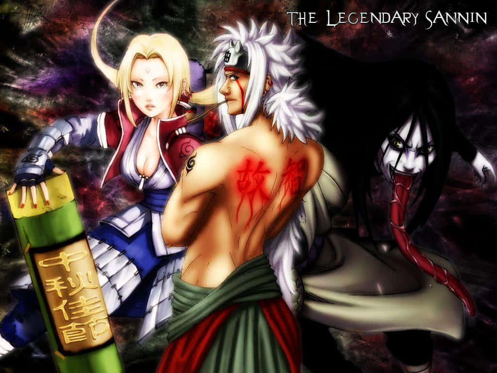 Legendary Sannin 桌布 壁紙 — 三個動漫角色以戲劇性的姿勢和紅色標記站在黑暗的宇宙背景前。