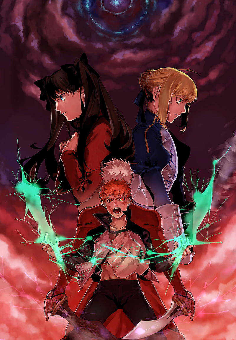 Fate Series 桌布 壁紙 — 三個動漫角色以戲劇性的姿勢站在旋轉的宇宙天空前，周圍有發光的綠色能量在噼啪作響。