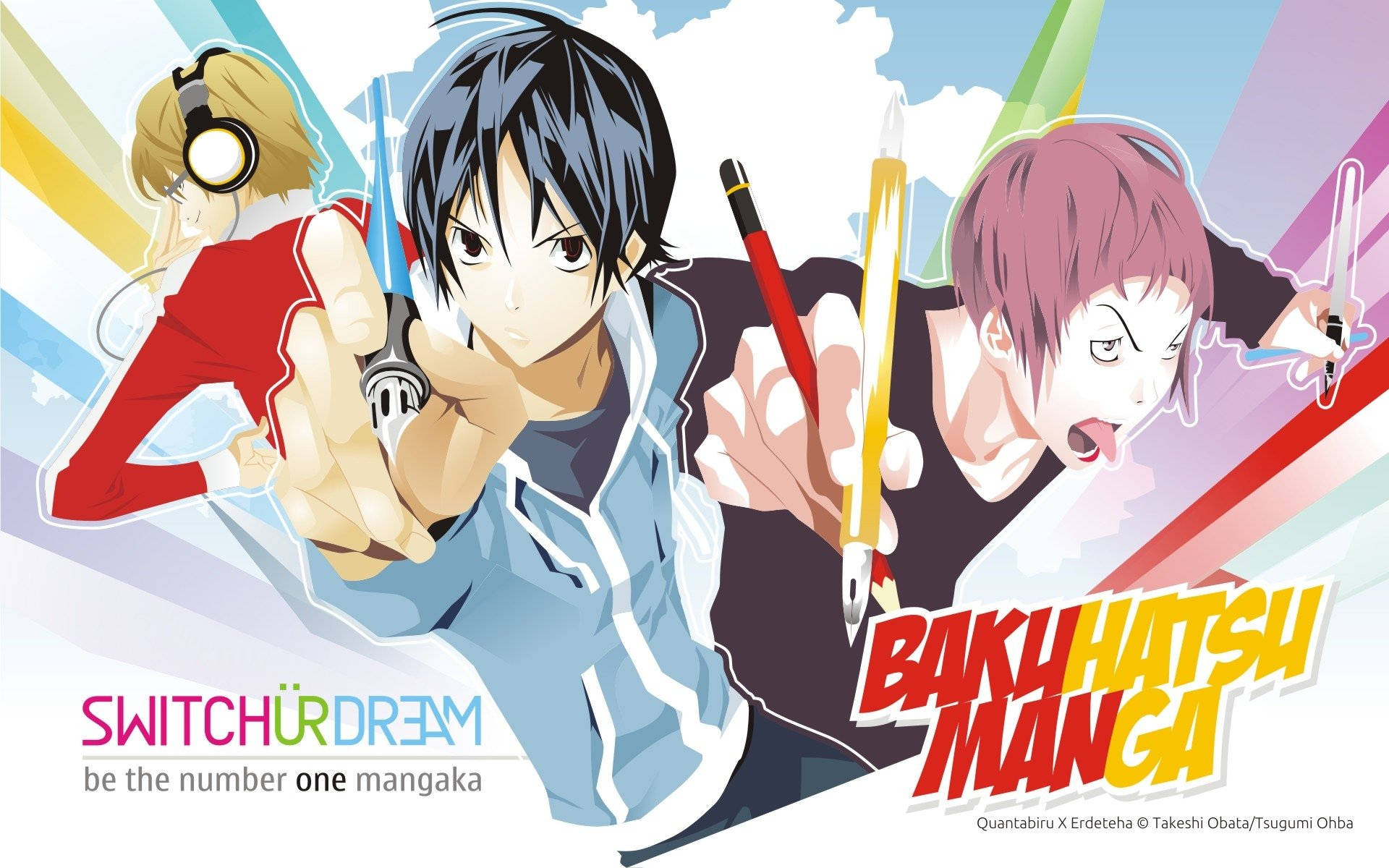 Bakuman 桌布 壁紙 — 三個動漫角色以筆動態擺姿勢，背景為充滿活力的條紋，宣傳「Bakuhatsumanga」。
