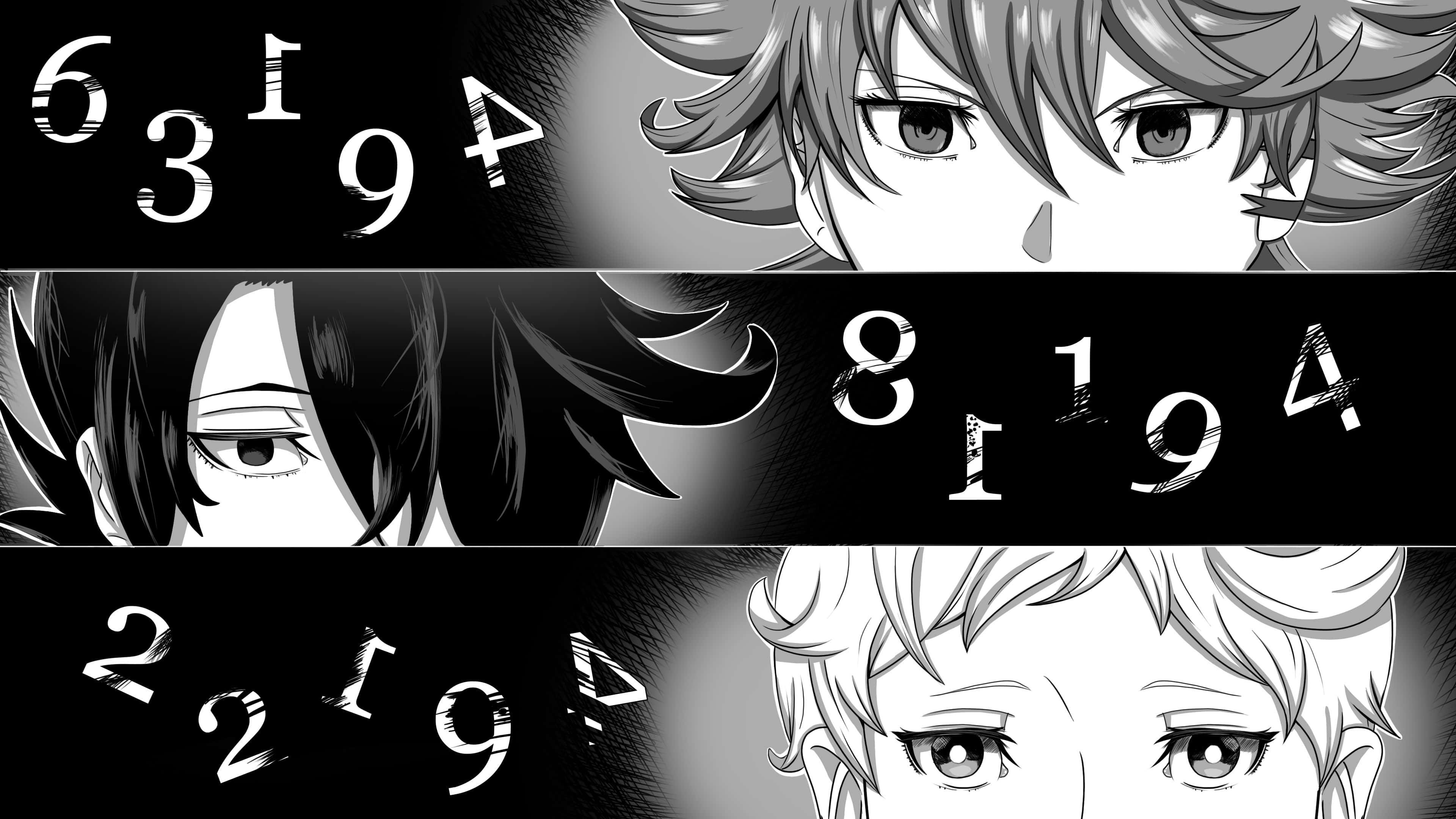 Promised Neverland 桌布 壁紙 — 三個動漫角色以銳利的眼神直視前方，風格化的數字在他們周圍漂浮，形成一個單色漫畫面板。