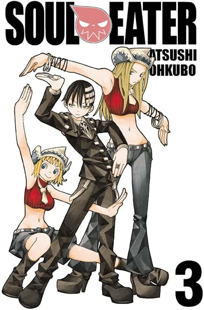 Soul Eater 桌布 壁紙 — 三個動漫角色以風格化的戰鬥姿勢，帶有骷髏圖案和紅色上衣，背景為純白色。