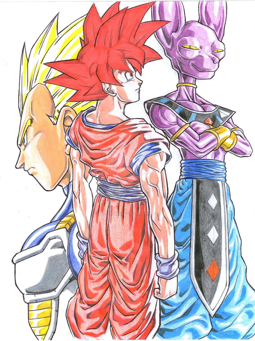 Battle Of Gods 桌布 壁紙 — 三個動漫角色側面站立，擁有鮮豔的紅色、黃色和紫色頭髮，背景為純白色。