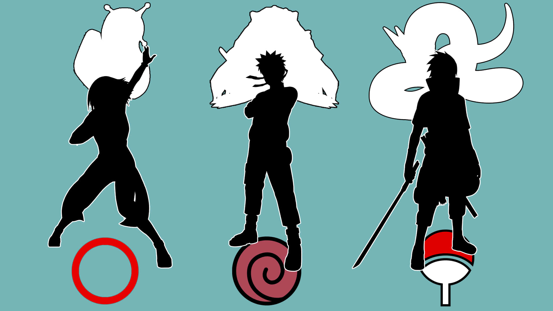 Naruto Team 7 桌布 壁紙 — 三個動漫角色剪影站在象徵性封印上，背景為青綠色，上方有白色雲狀形狀。