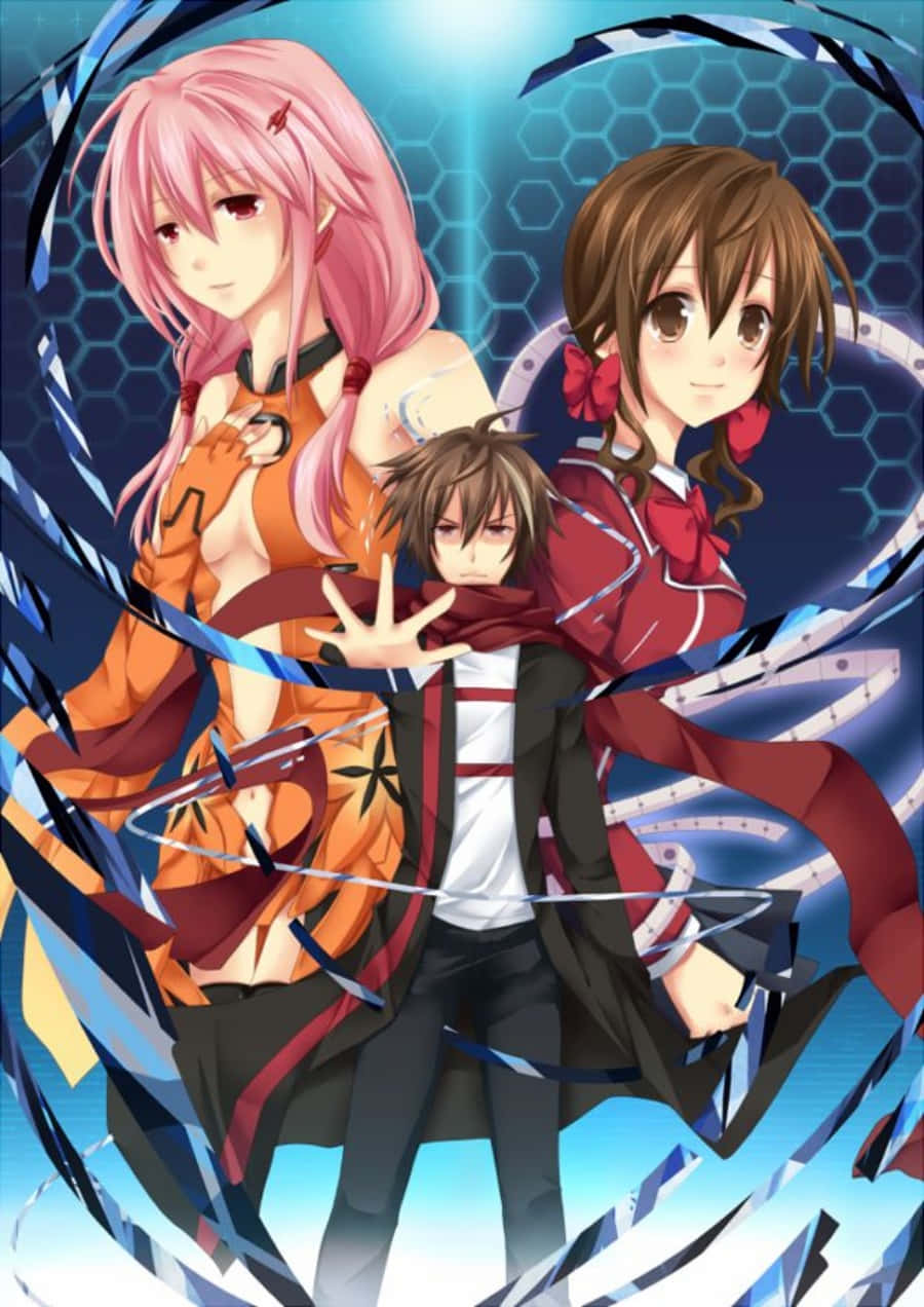 Guilty Crown 桌布 壁紙 — 三個動漫角色動態地站在旋轉的藍色能量和六邊形圖案框架內，背景是發光的數位背景。