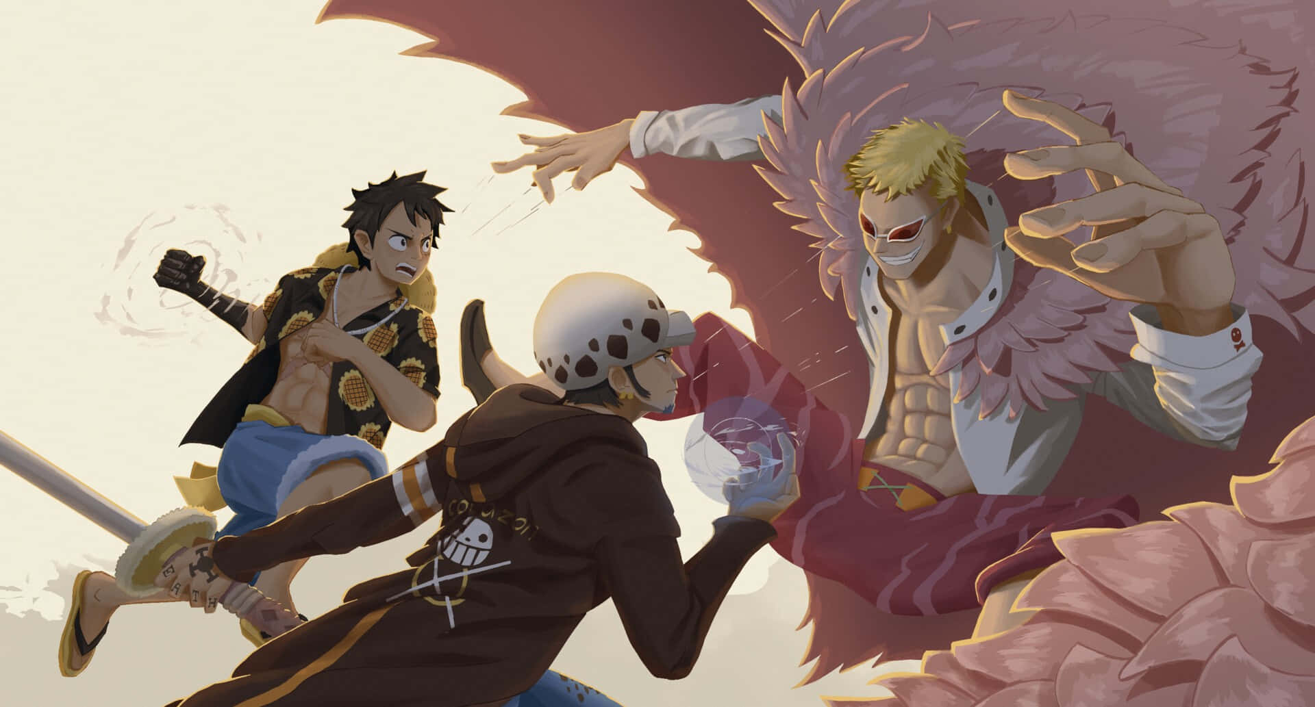 Dressrosa 桌布 壁紙 — 三個動漫角色動態碰撞，其中一個揮舞劍，另一個召喚能量對抗羽毛敵人。