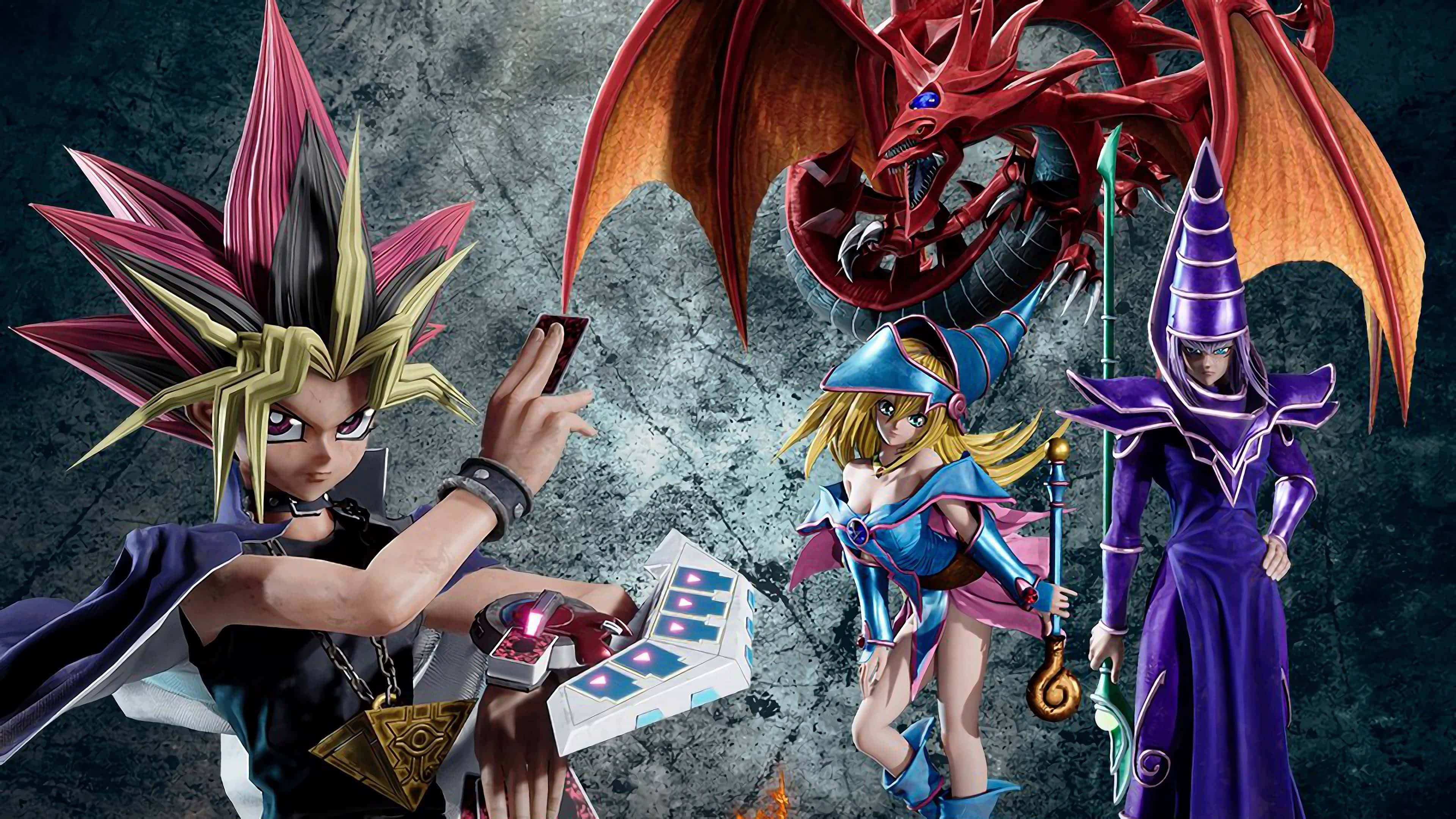 Yugi Muto 桌布 壁紙 — 三個動漫角色和一條紅龍在裂開的石頭背景前準備戰鬥。