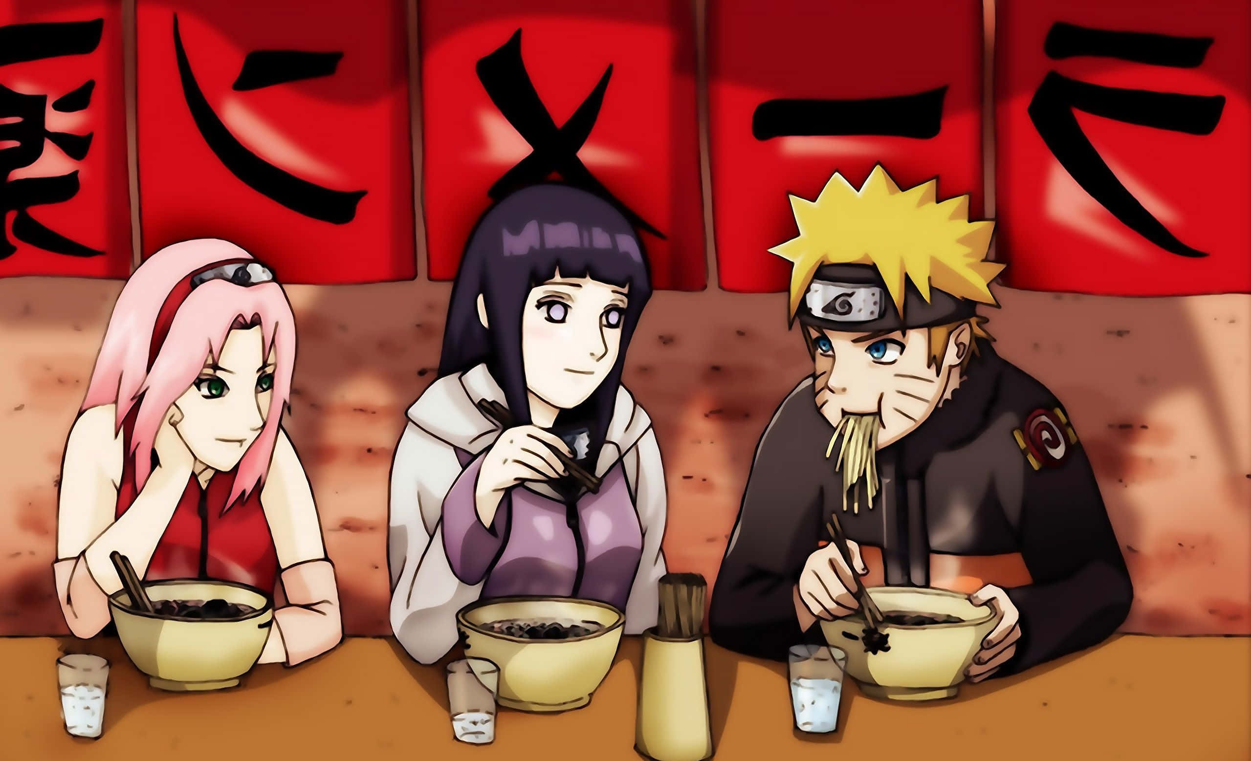 Naruto's Friend 桌布 壁紙 — 三個動漫角色在一個舒適的拉麵店享用拉麵，店內有紅色橫幅和溫暖的燈光。