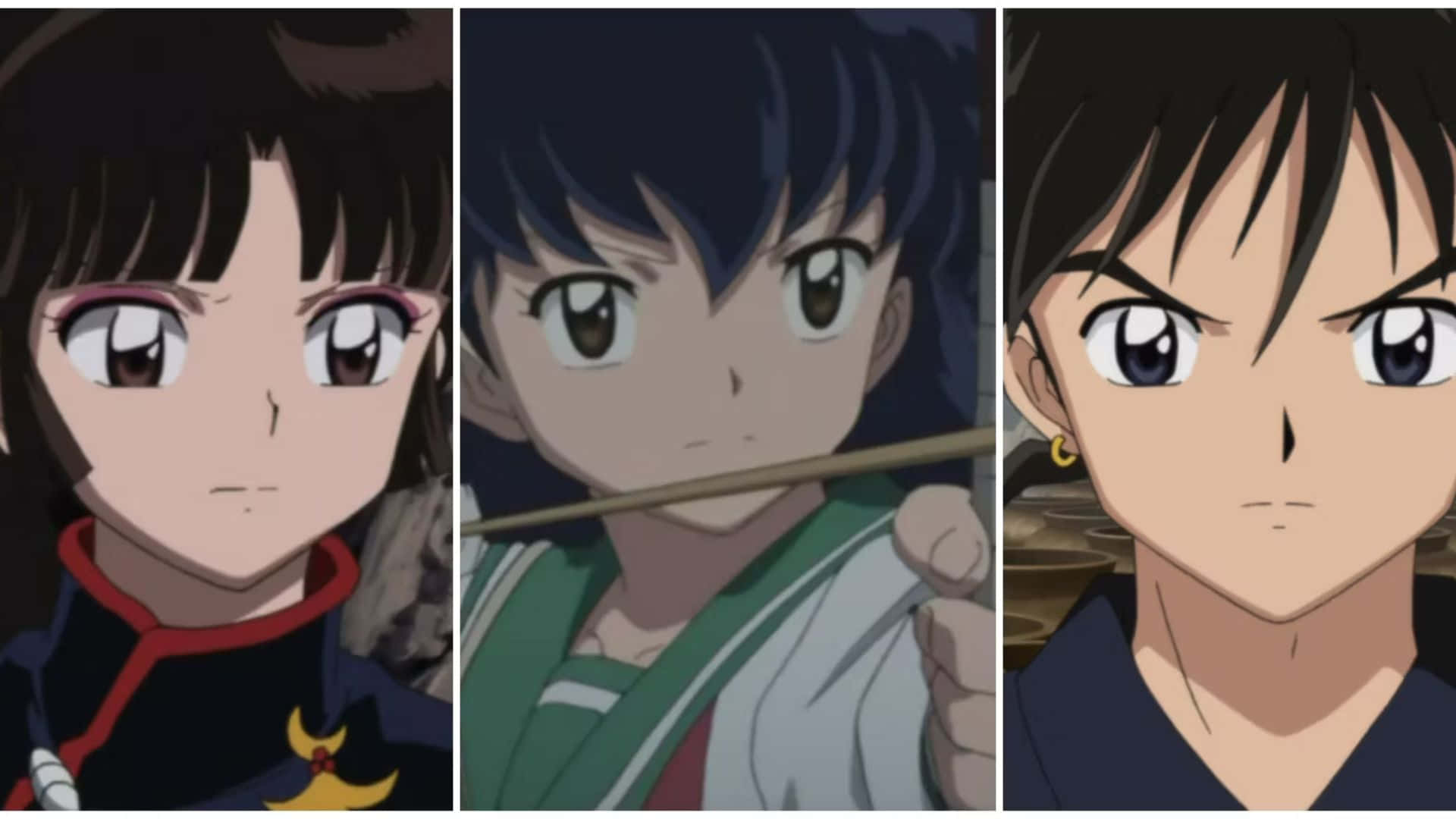 Miroku 桌布 壁紙 — 三個動漫角色在三聯畫布局中，帶有強烈表情，特徵是深色頭髮和傳統服飾。