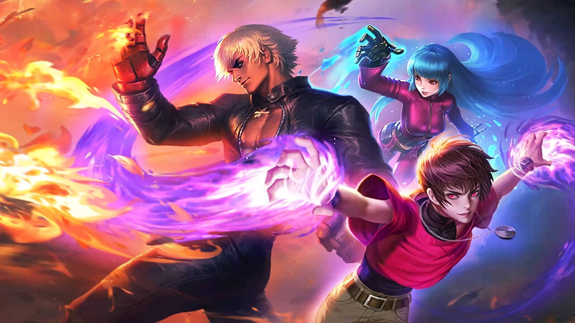 三個動漫戰士在激烈戰鬥中引導火與冰的魔法。 — Mobile Legends 動態圖 壁紙