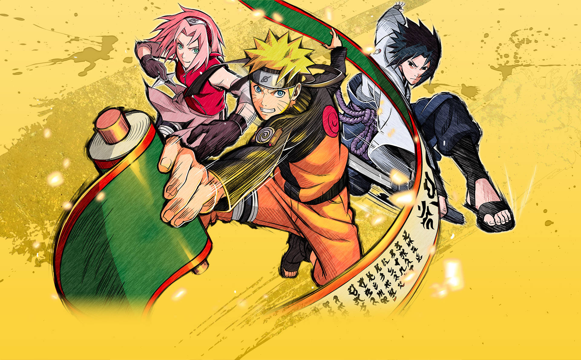 Naruto And Sasuke 桌布 壁紙 — 三個動漫角色在充滿活力的黃色背景上擺出動態動作姿勢，帶有綠色卷軸和發光效果。