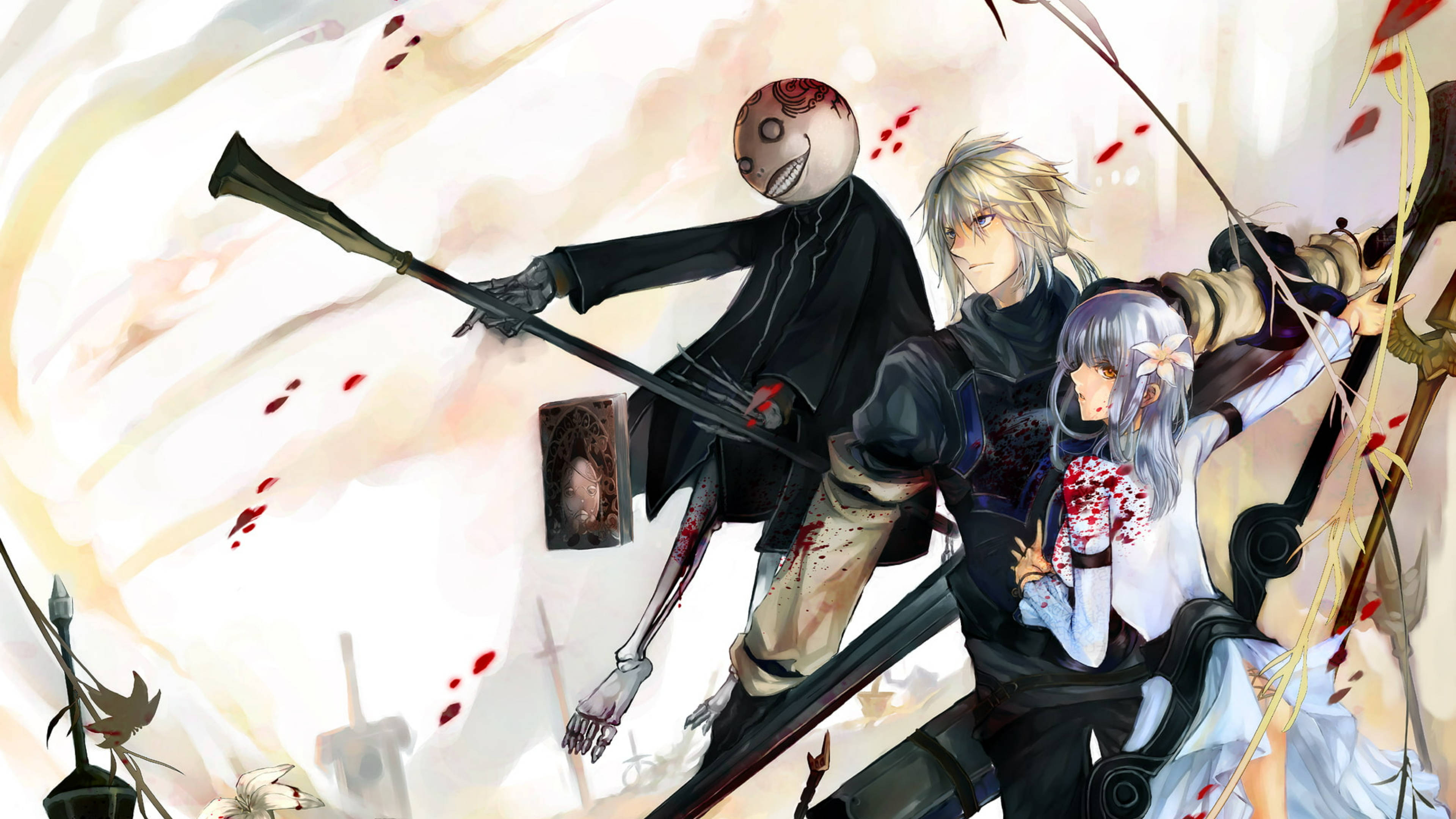 Nier 桌布 壁紙 — 三個動漫角色在充滿血濺和戲劇性照明的動態戰鬥場景中。