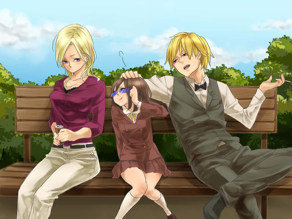 Durarara Vorona 桌布 壁紙 — 三個動漫角色在公園長椅上放鬆，背景是明亮的藍天、蓬鬆的雲朵和綠樹。