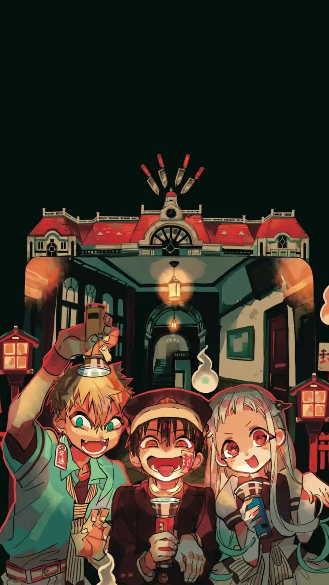 hanako 桌布 壁紙 — 三個動漫角色在夜晚於發光的紅頂建築前愉快地拿著飲料擺姿勢。