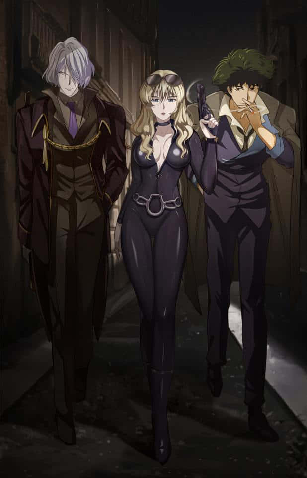 Cowboy Bebop Vicious 桌布 壁紙 — 三個動漫角色在夜間穿過昏暗的小巷，其中一人持槍，在戲劇性的燈光下。