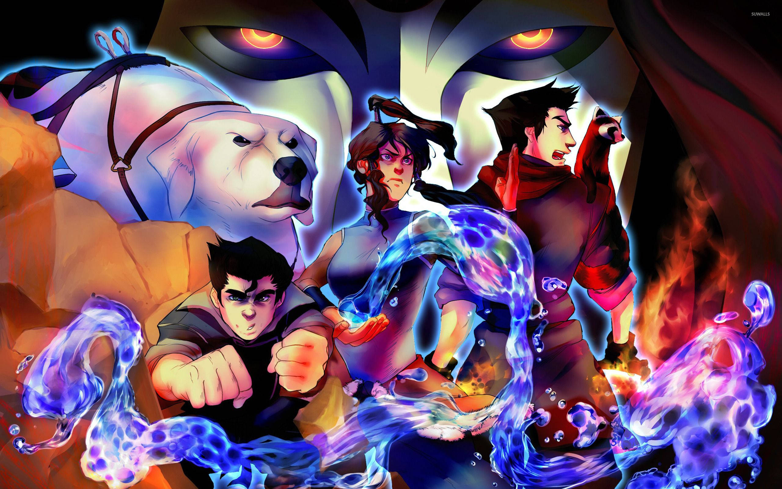Korra 桌布 壁紙 — 三個動漫角色在巨狼和發光眼睛的背景下釋放出發光的藍色能量。