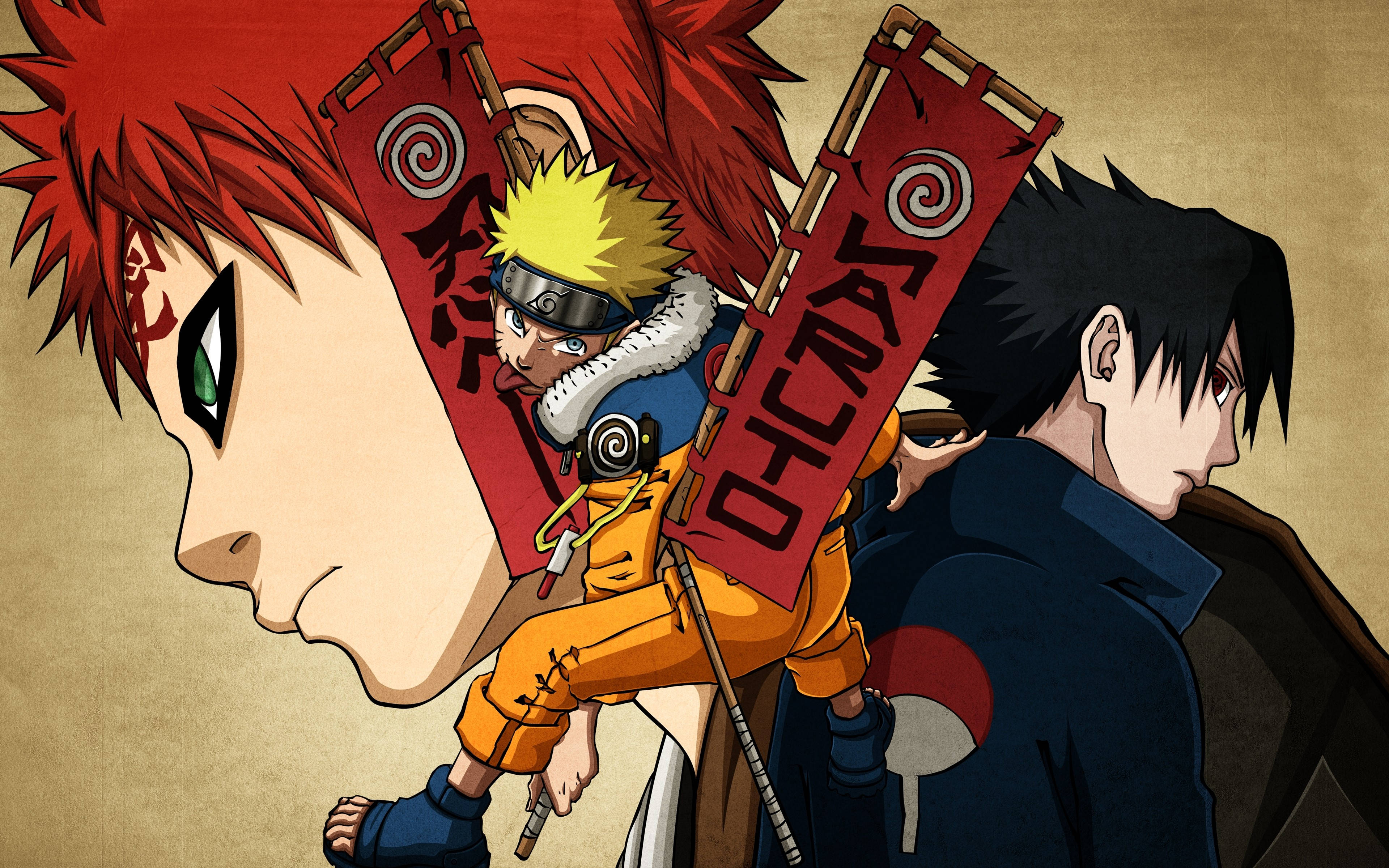 Gaara 桌布 壁紙 — 三個動漫角色在帶有紋理的米色背景上以紅色橫幅擺出動態姿勢。