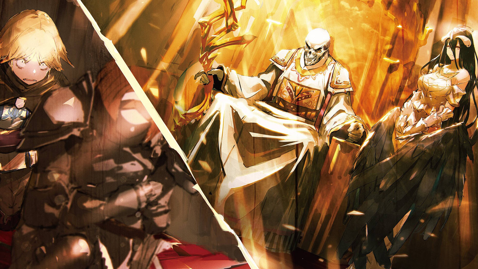 Overlord 桌布 壁紙 — 三個動漫角色在戲劇性的金色光芒中對峙，中央有一個骷髏王。