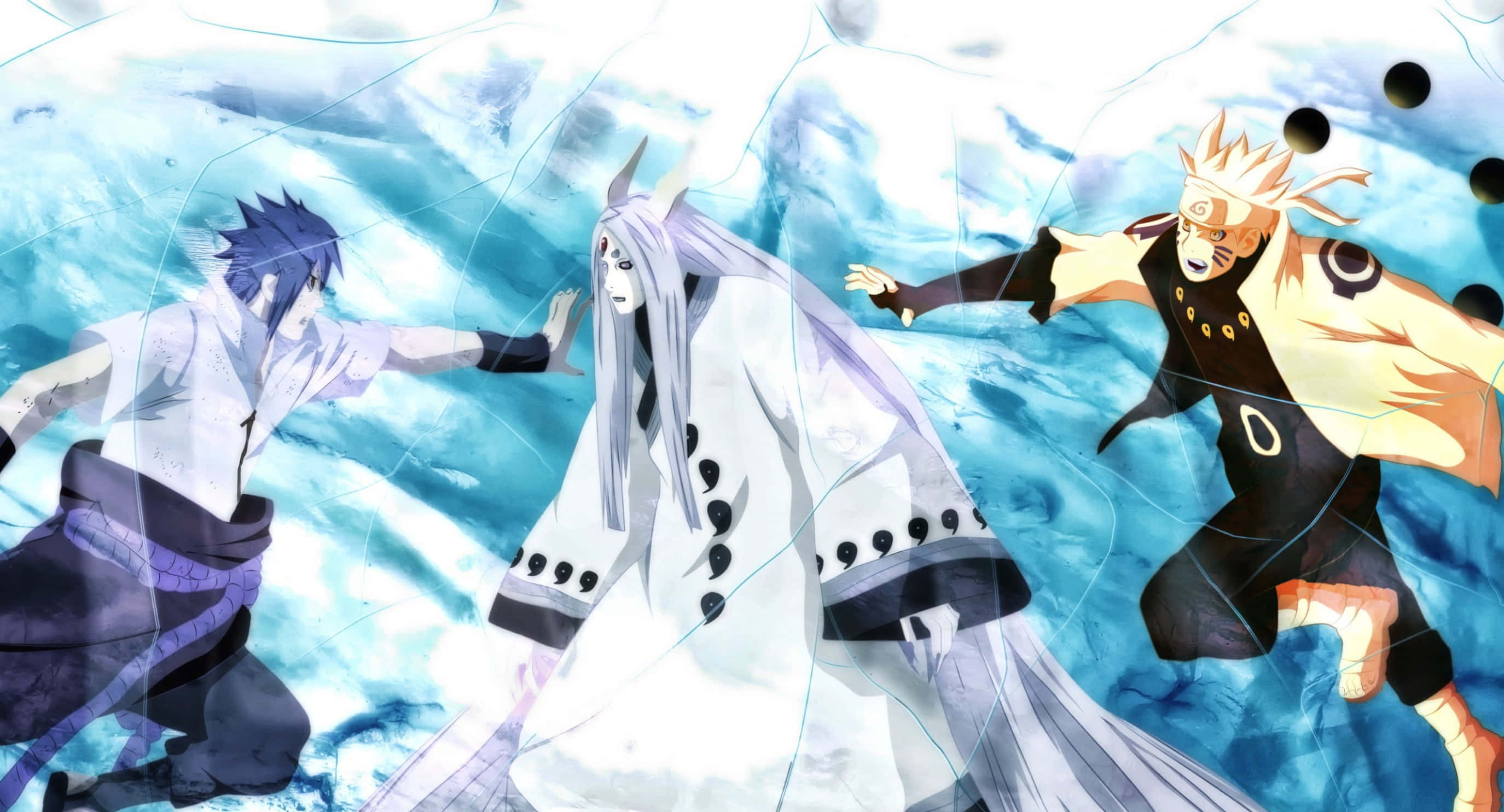 Kaguya Otsutsuki 桌布 壁紙 — 三個動漫角色在旋轉的藍色能量和破碎玻璃效果中進行動態戰鬥。