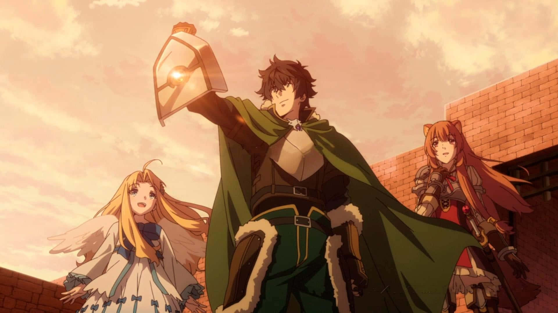 The Rising Of The Shield Hero 桌布 壁紙 — 三個動漫角色在日落時站在磚牆上，其中一人手持發光的燈籠，溫暖的光芒照在他們堅定的臉上。