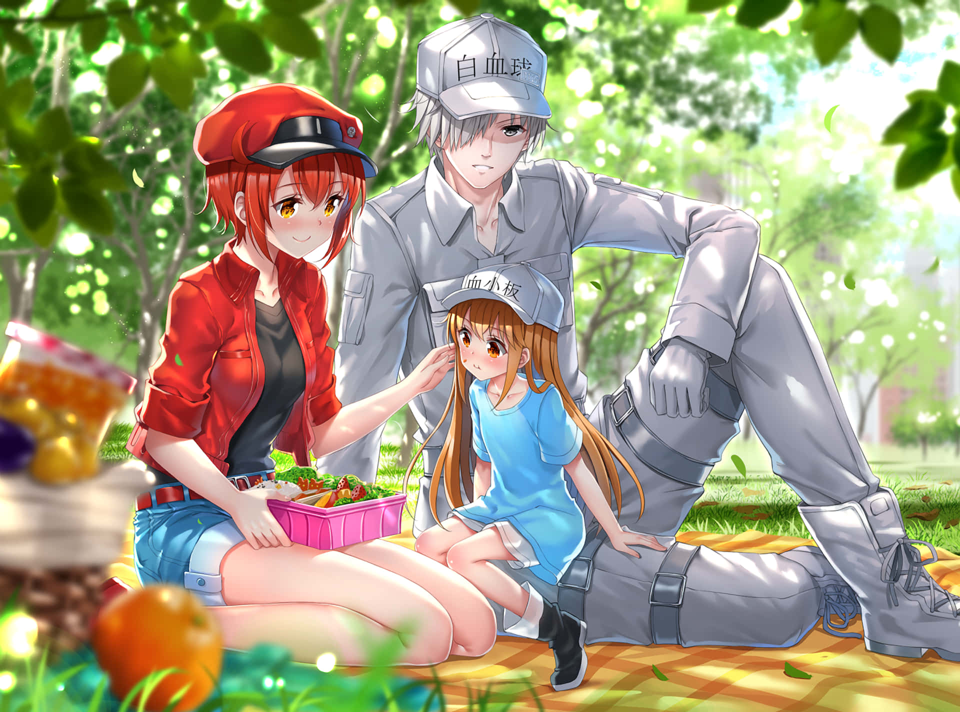 Cells At Work 桌布 壁紙 — 三個動漫角色在明亮的綠樹下野餐，有食物和陽光穿過樹葉。