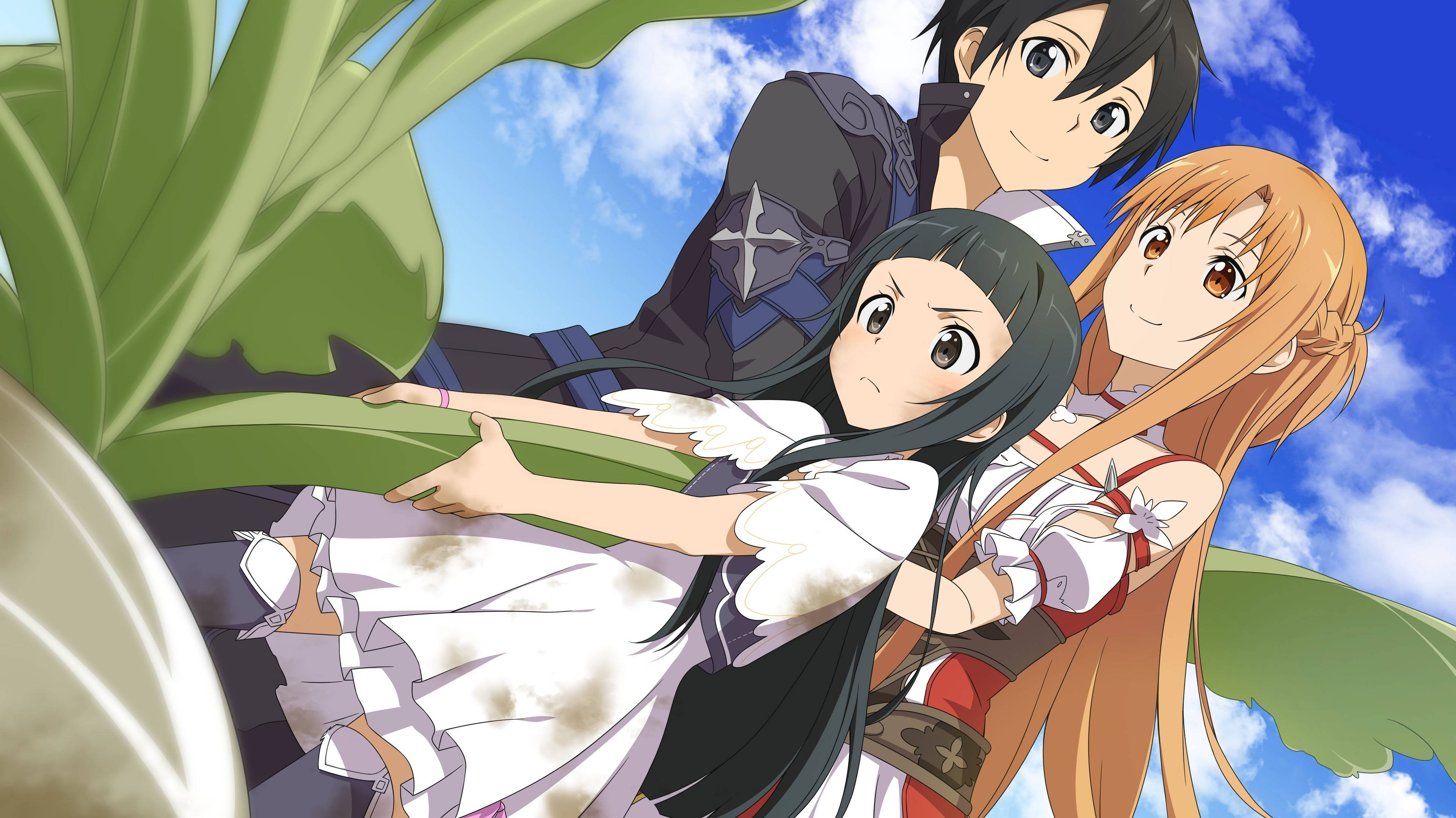 Kirito 桌布 壁紙 — 三個動漫角色在晴朗藍天和 fluffy 雲下，從巨型綠葉後面探出頭來。