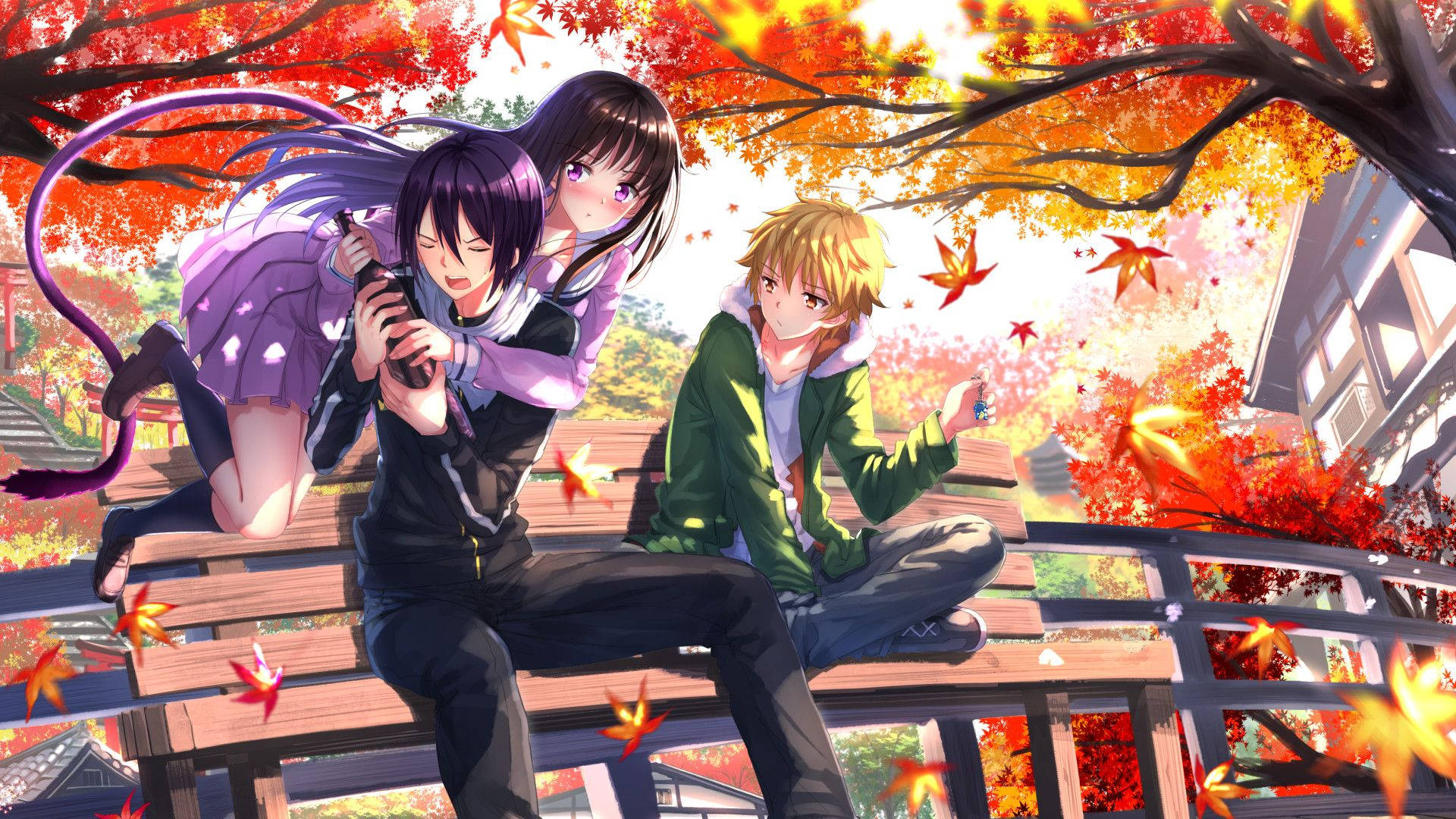 Noragami 桌布 壁紙 — 三個動漫角色在木橋上放鬆，周圍是色彩繽紛的秋樹和飄落的樹葉。