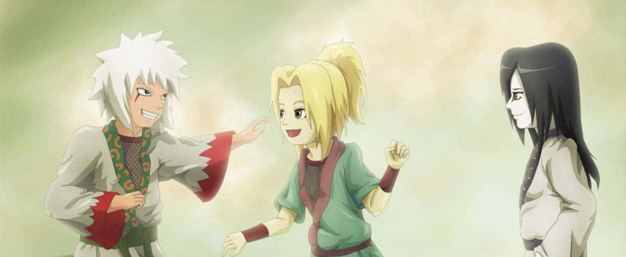 Legendary Sannin 桌布 壁紙 — 三個動漫角色在柔和漸變背景前以富有表現力的手勢互動。