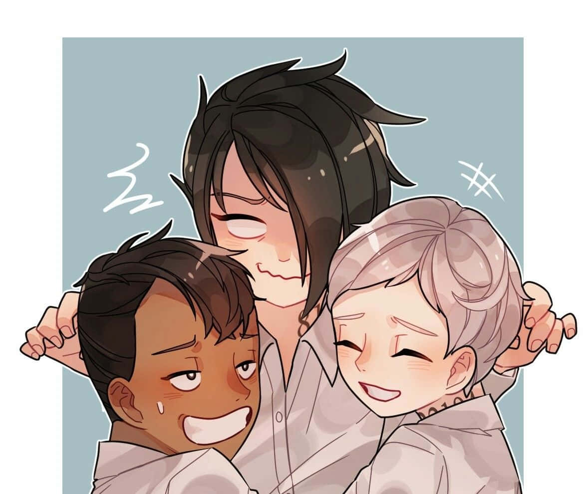 The Promised Neverland Don 桌布 壁紙 — 三個動漫角色在柔和的藍色背景前，帶著喜悅的表情溫暖地擁抱在一起。