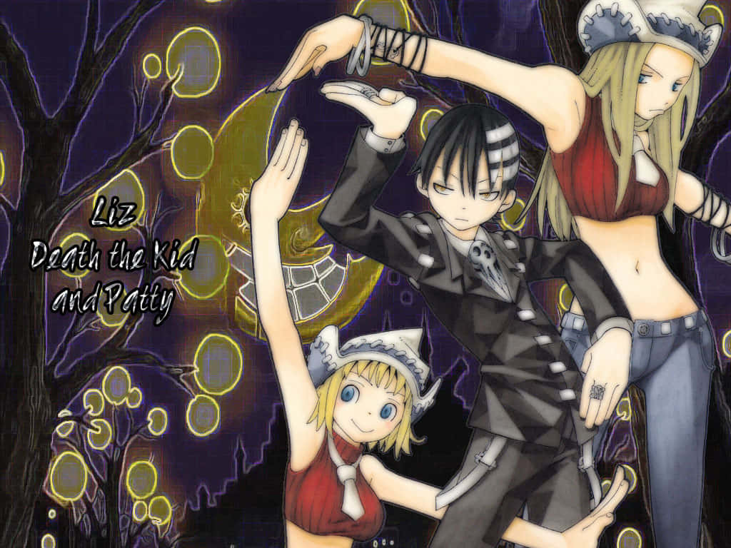 Soul Eater 桌布 壁紙 — 三個動漫角色在深紫色森林背景下，伴隨著發光的黃色球體，動態地擺出姿勢。