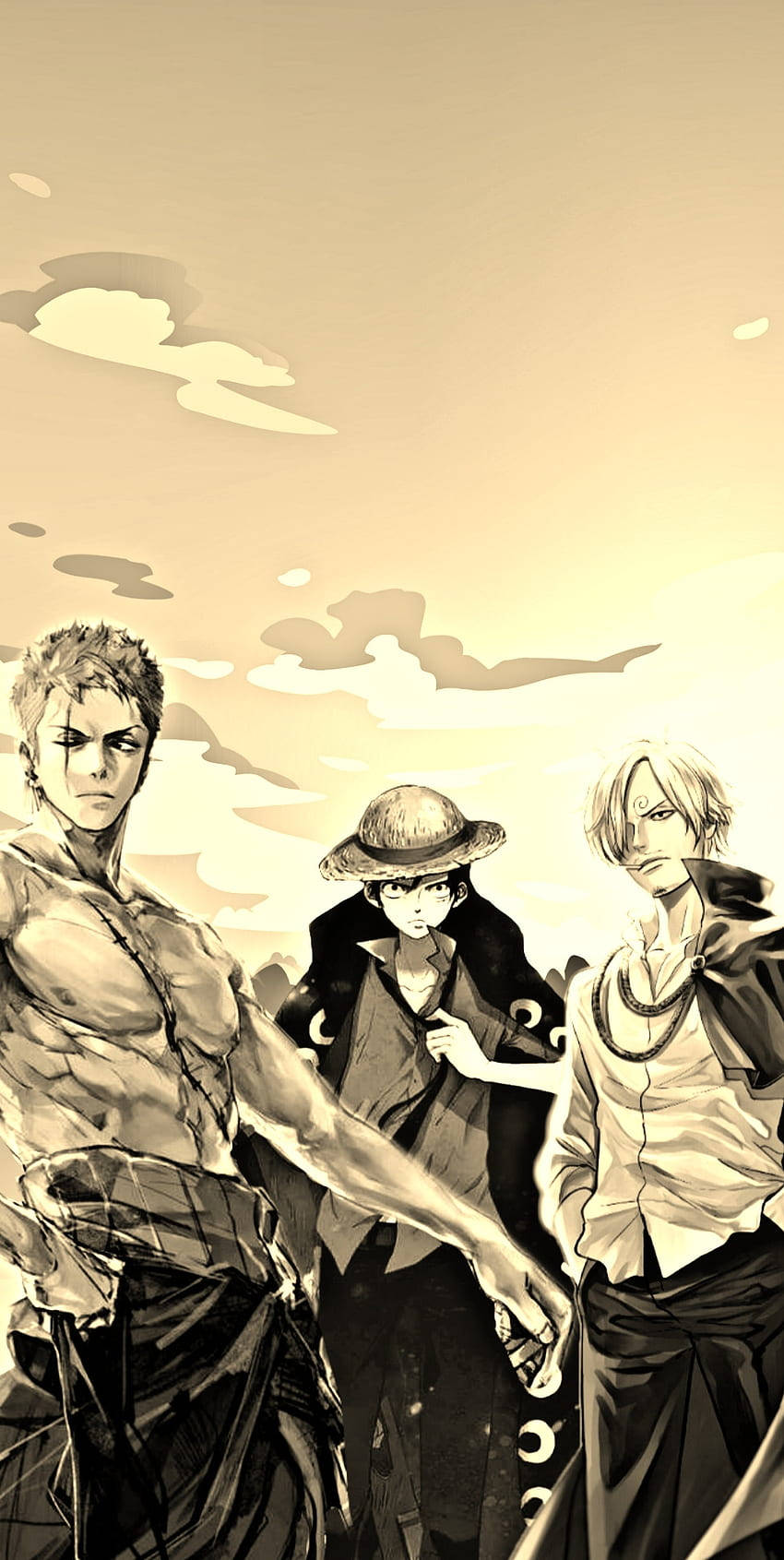 Sanji 桌布 壁紙 — 三個動漫角色在深褐色調的天空和柔軟的雲朵背景下，以戲劇性的構圖站立。