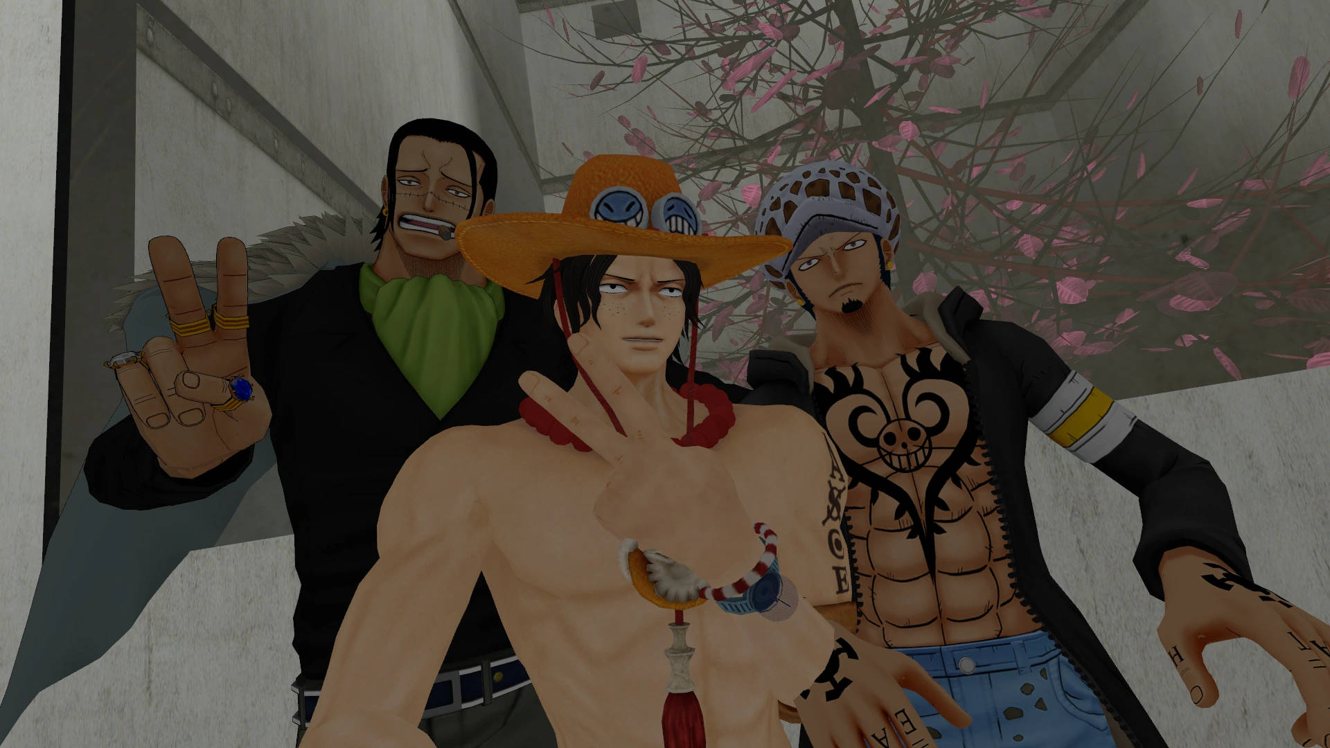 vrchat 桌布 壁紙 — 三個動漫角色在混凝土城市環境中，自信地擺姿勢，粉紅色的櫻花飄落。