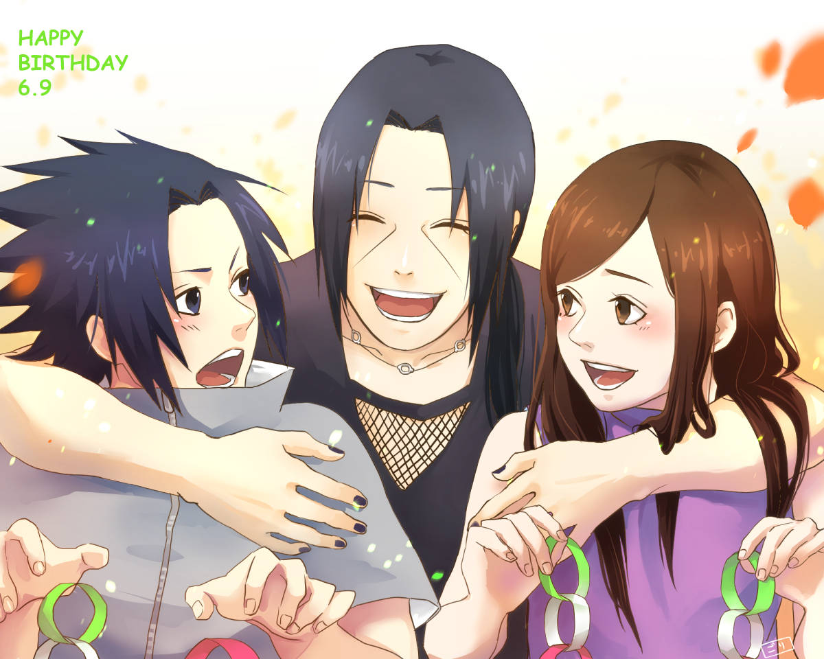 izumi uchiha 桌布 壁紙 — 三個動漫角色在溫暖發光的背景下，帶著喜悅的表情和紙鏈慶祝生日。