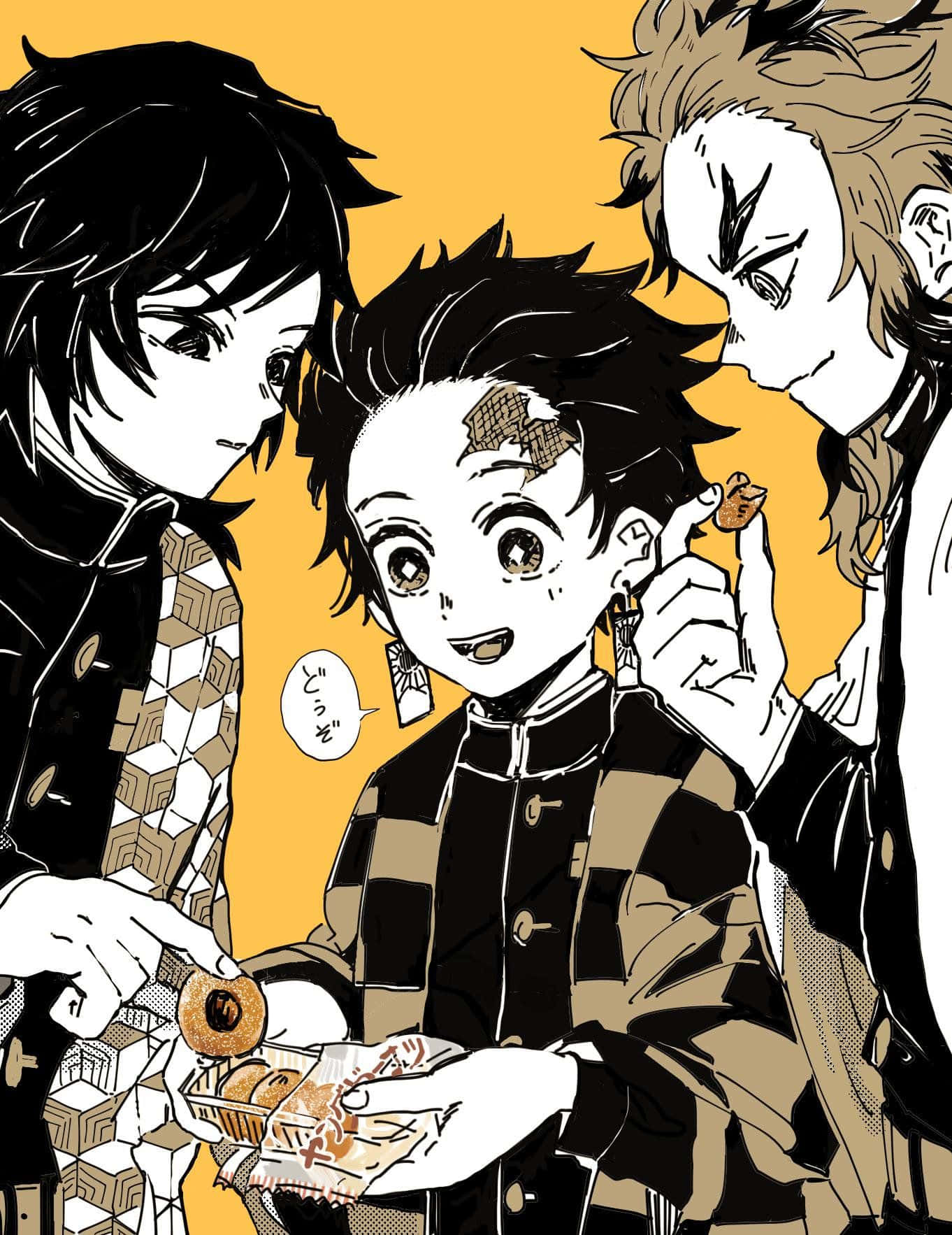 Rengoku And Tanjiro 桌布 壁紙 — 三個動漫角色在溫暖的黃色背景前分享一個快樂的時刻，圍繞著甜甜圈。