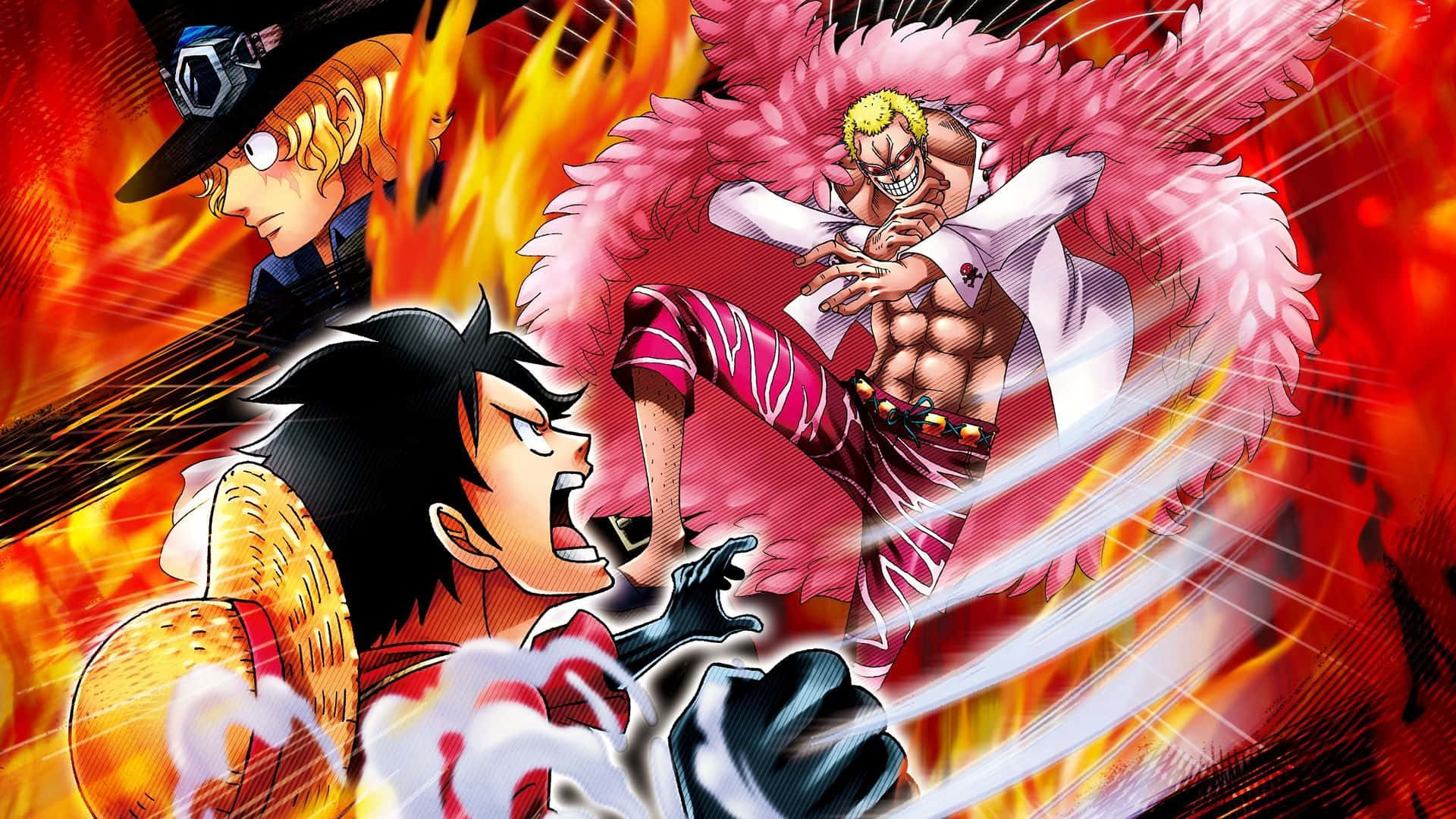 Donquixote Doflamingo 桌布 壁紙 — 三個動漫角色在激烈的戰鬥中碰撞，帶有動態動作線條和爆炸性能量。