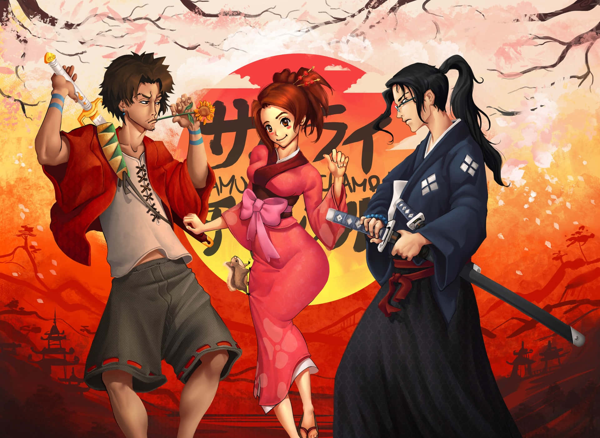 混沌武士 桌布 壁紙 — 三個動漫角色在火紅的夕陽背景下，伴隨著櫻花和日文字，動感地擺出姿勢。