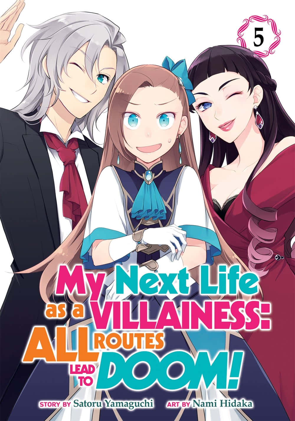 My Next Life As A Villainess All Routes Lead To Doom 桌布 壁紙 — 三個動漫角色在白色背景上自信地微笑，帶有粗體多彩的漫畫標題文字。
