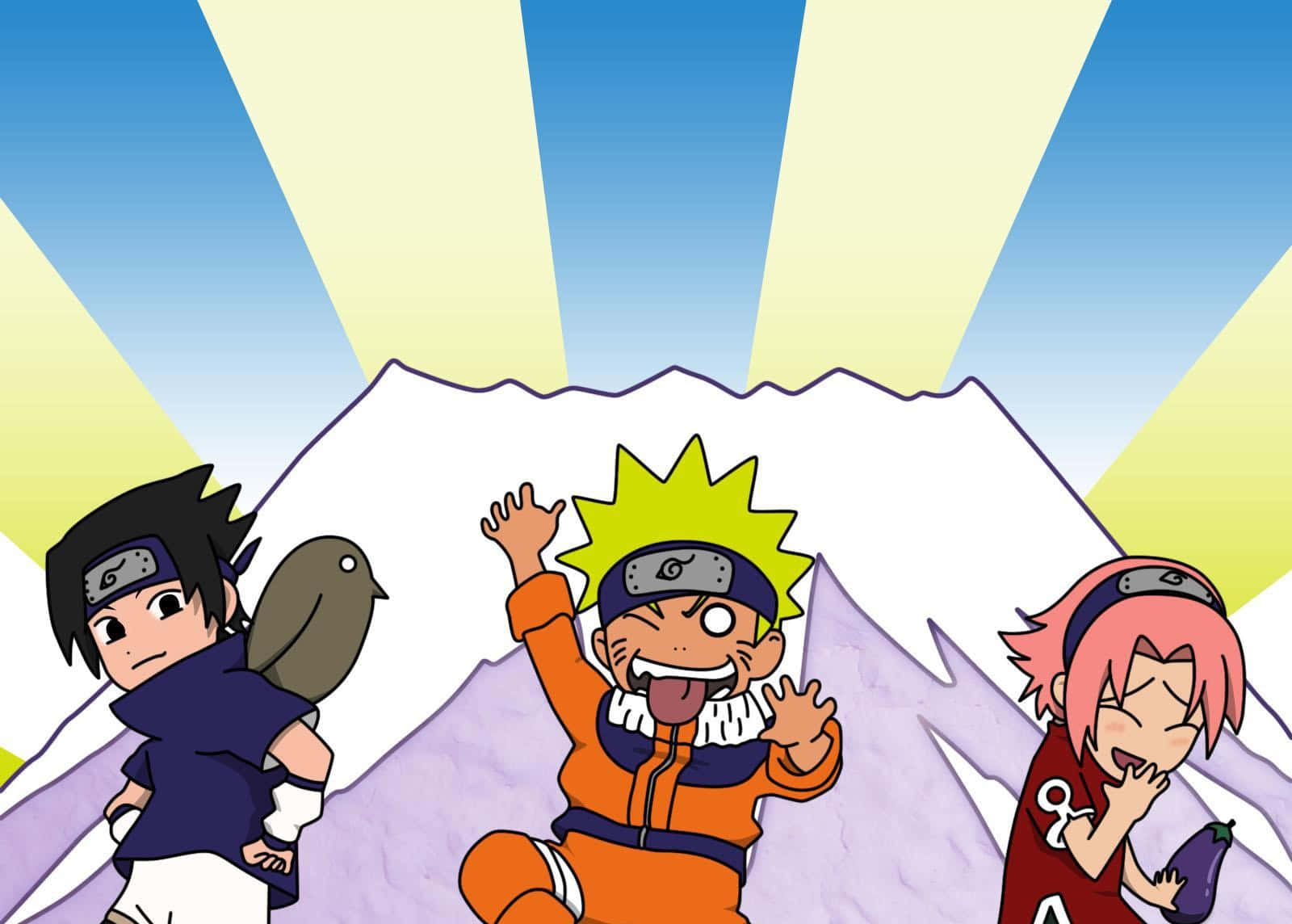 Funny Naruto 桌布 壁紙 — 三個動漫角色在白雪覆蓋的山前，在燦爛陽光的天空下開心地擺姿勢。