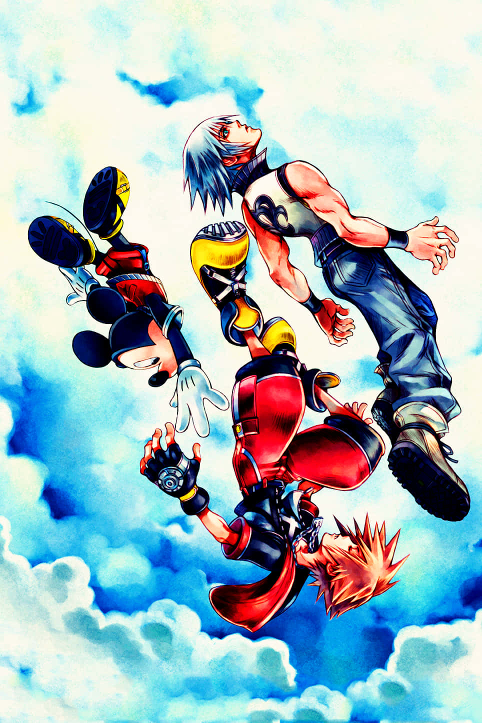 Kingdom Hearts Phone 桌布 壁紙 — 三個動漫角色在空中戰鬥中動態地飛過明亮的藍色多雲天空。