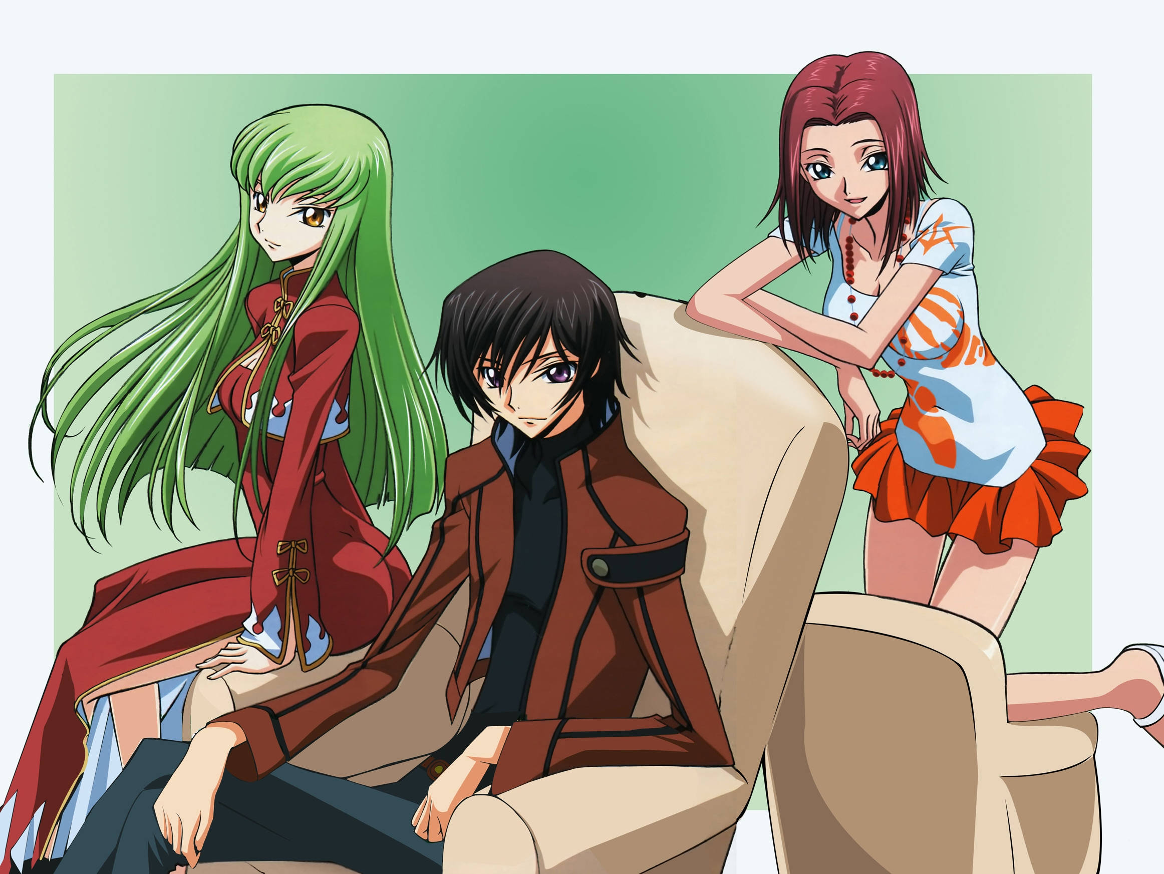 lelouch lamperouge 桌布 壁紙 — 三個動漫角色在米色沙發上擺姿勢，背景為純綠色，穿著不同的服裝和表情。