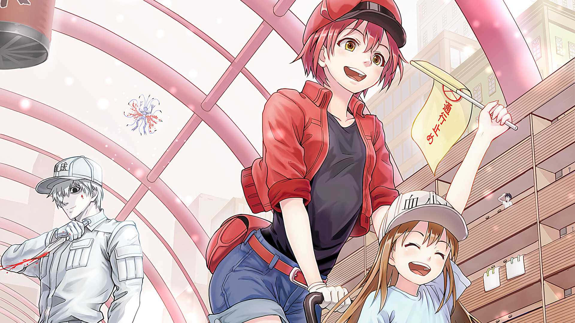 Cells At Work 桌布 壁紙 — 三個動漫角色在粉紅色拱形結構下愉快地騎著滑板車，身處充滿活力的城市環境。
