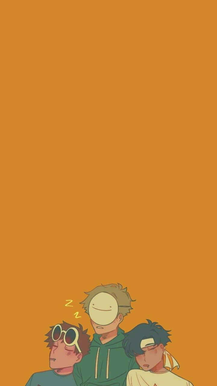 Sleeping 桌布 壁紙 — 三個動漫角色在純橙色背景上安詳入睡，帶有柔和陰影和極簡細節。