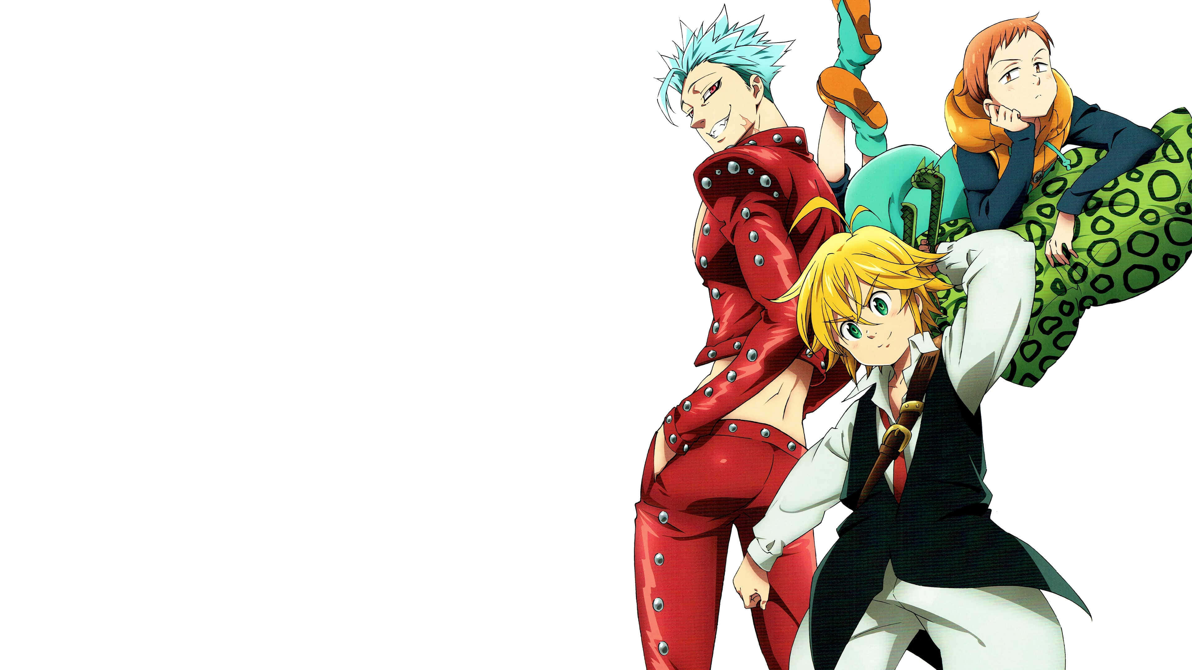 Seven Deadly Sins 4K 桌布 壁紙 — 三個動漫角色在純白背景前以鮮豔色彩和銳利線條動態擺姿勢。