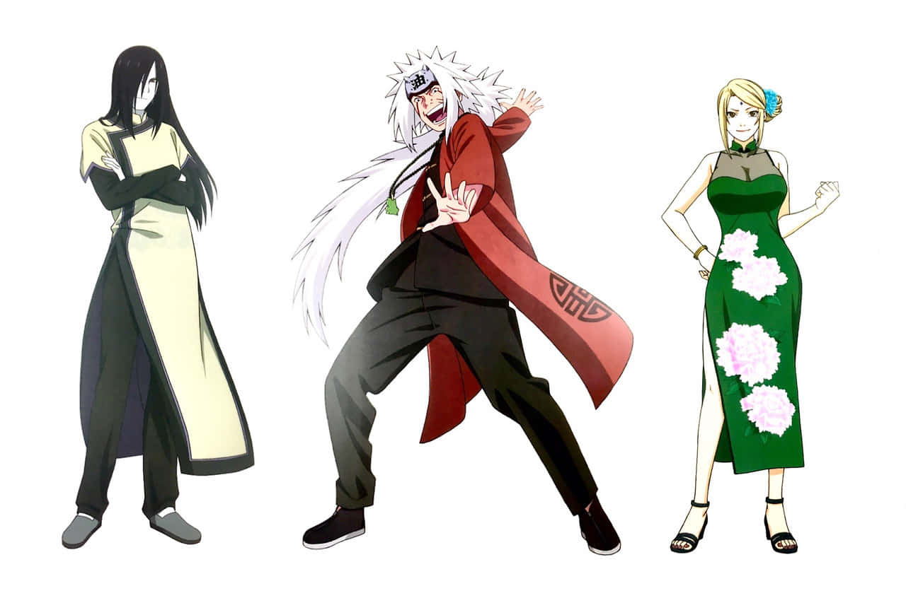 Legendary Sannin 桌布 壁紙 — 三個動漫角色在純白色背景前自信地擺姿勢，展示獨特的服裝和動態姿態。