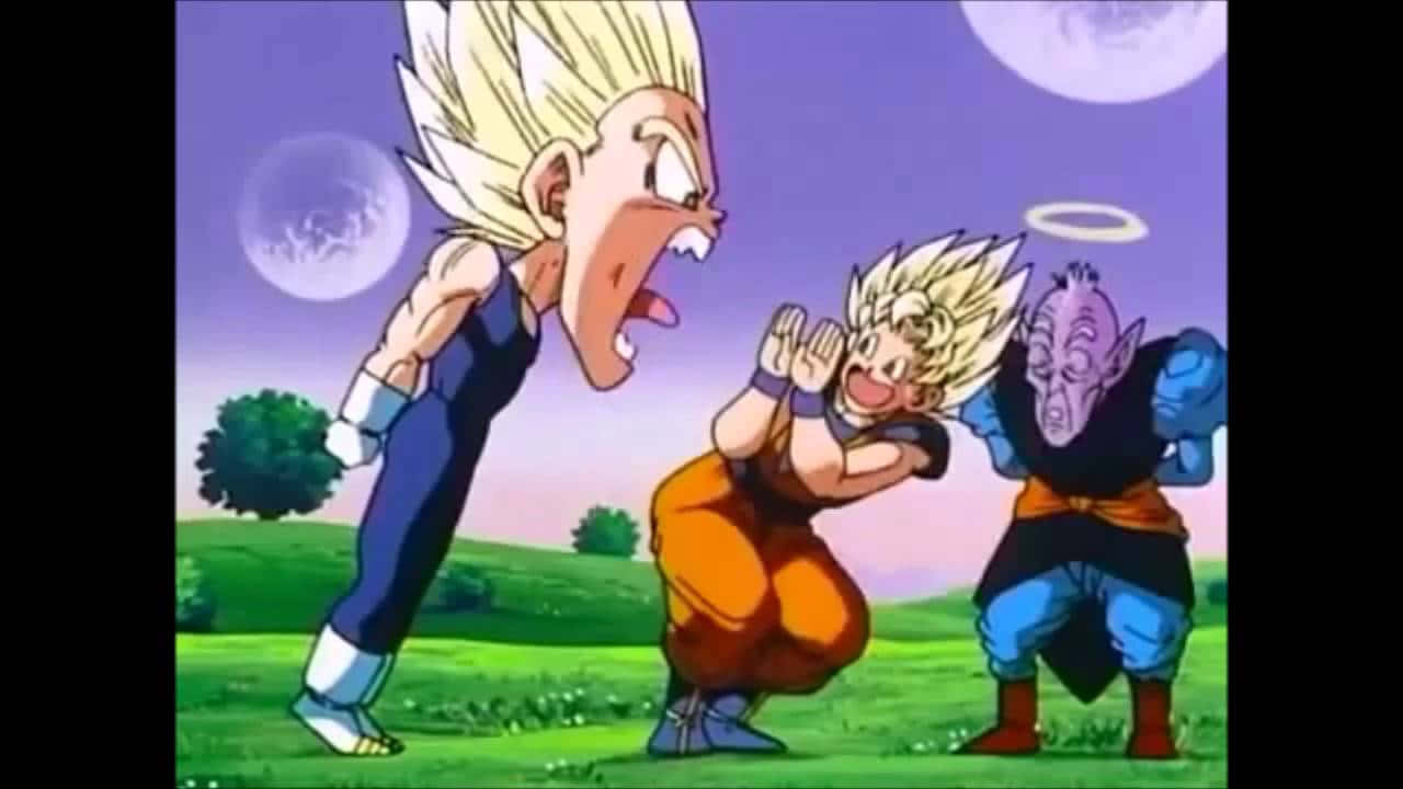 Funny Goku 桌布 壁紙 — 三個動漫角色在紫色天空下、有月亮的草地上，一個角色大喊，另一個蹲下，第三個看著。