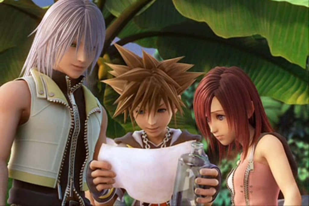 Kingdom Hearts Characters 桌布 壁紙 — 三個動漫角色在茂密的熱帶叢林中檢查地圖和瓶子。