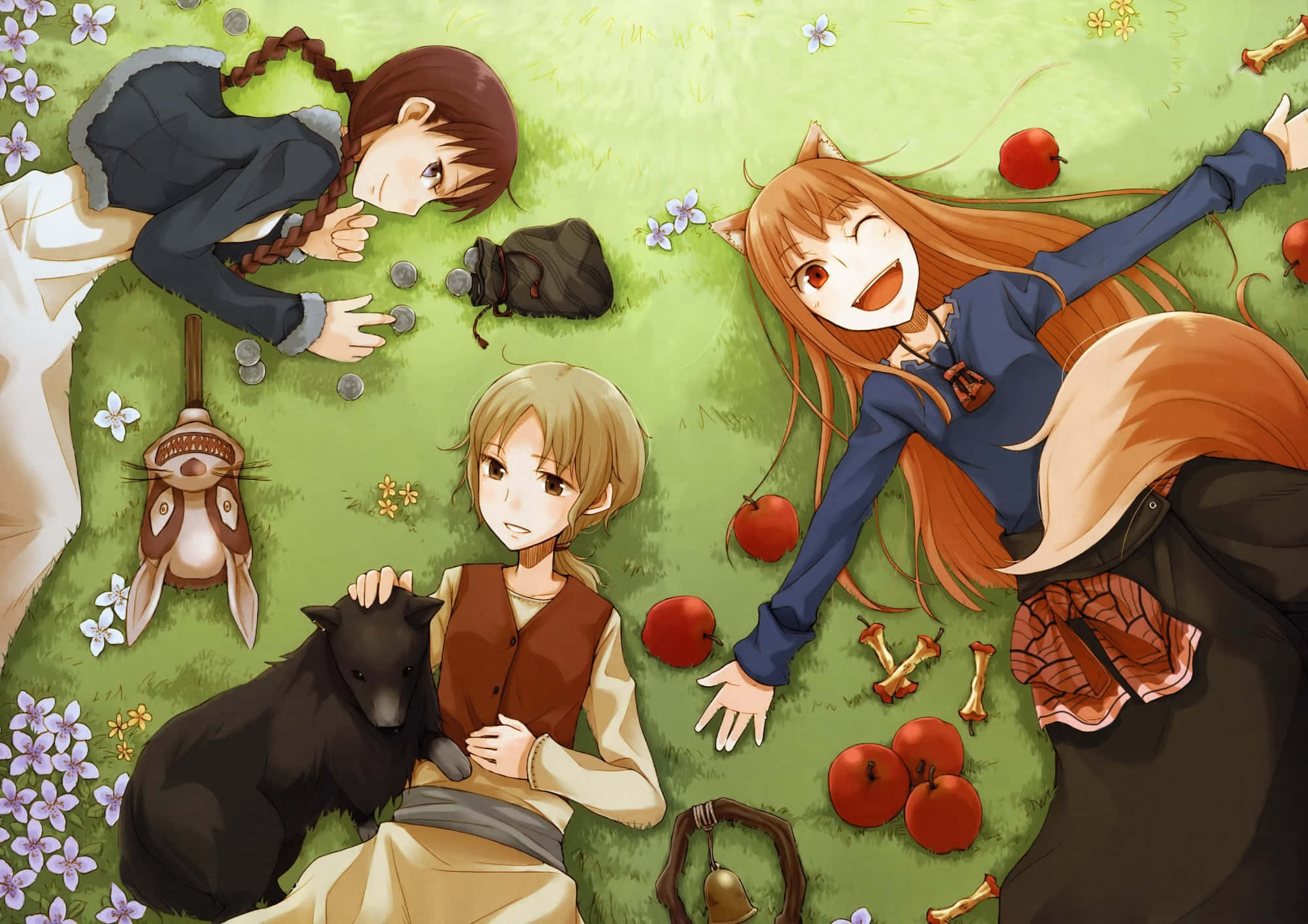 Spice And Wolf 桌布 壁紙 — 三個動漫角色在草地上放鬆，周圍有蘋果、骨頭和花朵。