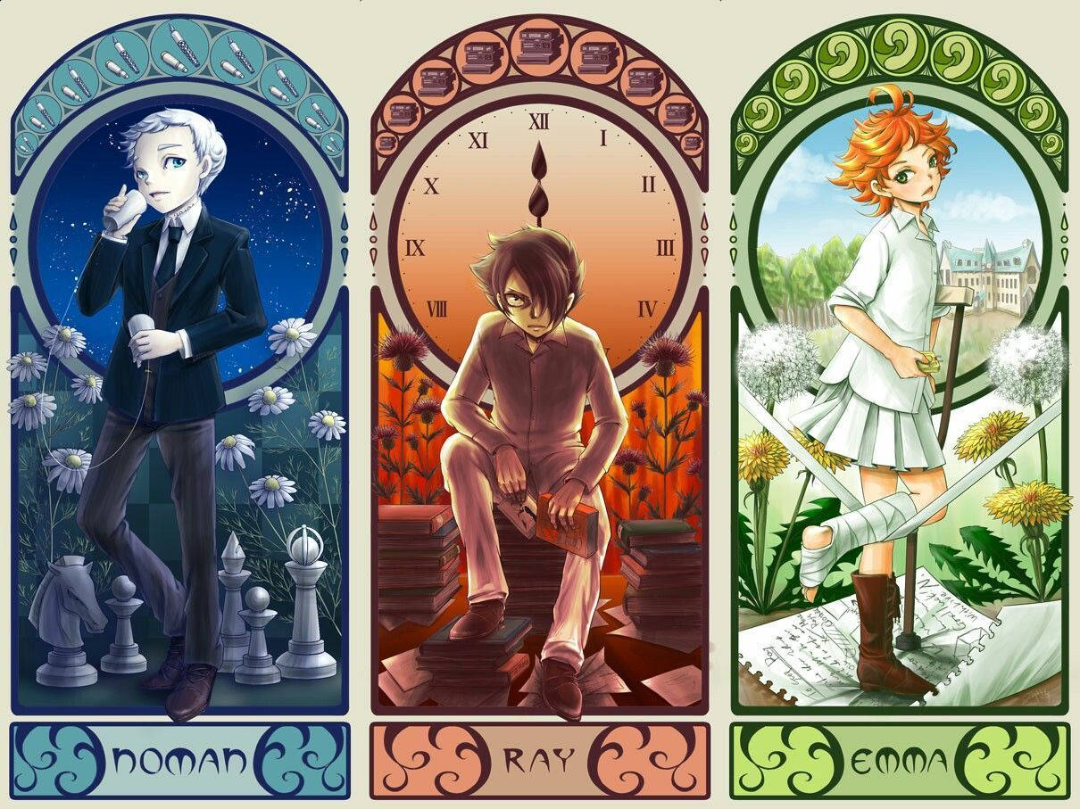 The Promised Neverland 桌布 壁紙 — 三個動漫角色在華麗的拱形框架中，每個描繪不同的場景：國際象棋、時間和帶有鑄造腿的蒲公英。